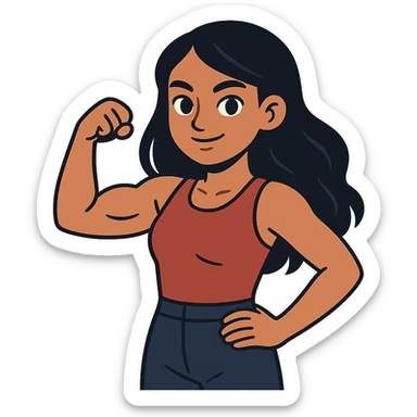 flat toon style strong girl with brown eyes, long slightly wavy black hair sticker