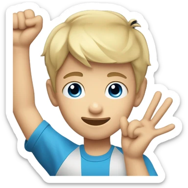 Young Caucasian boy with short black hair and blue eyes raising his hand against a black background sticker