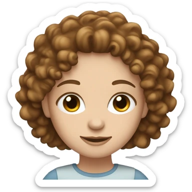 A white girl with brown curly hair and blue eyes is working on a laptop sticker