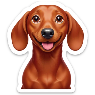 Cinematic Comical Red Dachshund Portrait Emoji, Head tilted dramatically with an exaggeratedly amused expression, featuring a sleek red coat with a vibrant sheen, wide, expressive brown eyes filled with playful disbelief, Simplified yet hilariously expressive features, highly detailed, glowing with a slightly sassy glow, high shine, dramatic yet playful, stylized with an air of cheeky humor, bright and endearing, soft glowing outline, capturing the essence of a spirited and over-the-top companion, so meme-worthy it feels like it could side-eye its way into internet fame instantly! sticker