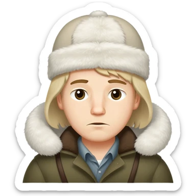 white boy with medium-length straight hair that almost curls at the ends, with a sleepy face and an ushanka sticker