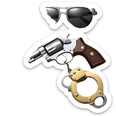 Icon for Action & Crime Reading: an open book, a revolver, handcuffs. Surrounding elements include a dark alley, a police badge, and a pair of sunglasses. The icon should evoke tension, suspense, and action.  Transparent background. sticker