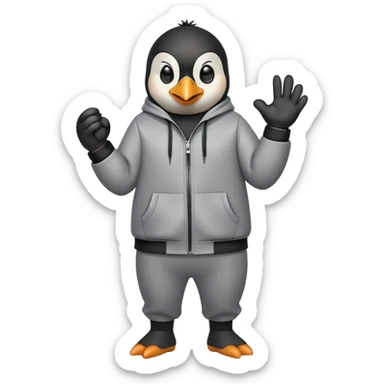 friendly anthropomorphised penguin wearing a mafia-style tracksuit, secretive scheming pose, soprano vibe, angry expression, walking quickly with a tense hurried stride, holding a knuckle duster sticker