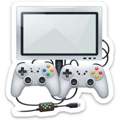 An icon showing two monitors with gaming interfaces, connected by a wire. Each monitor displays a different game screen, with two gamepads placed nearby, symbolizing multiplayer gameplay. transparent background. sticker