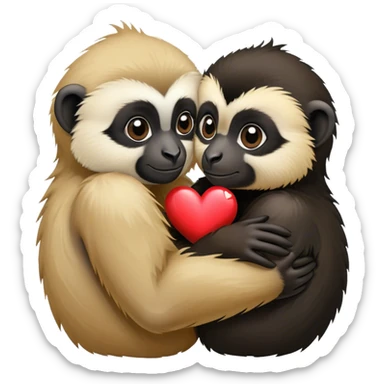Two gibbons, one black and one tan, embracing with a heart sticker