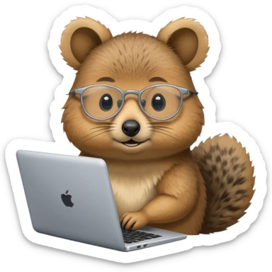 Silver-rimmed, bespectacled front quokka working on a laptop sticker