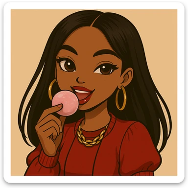 Change the pose to eating pink mochi ice cream, headshot only, 20-year-old anime Bratz style woman with dark skin, straight hair, brown eyes, red shirt, trendy outfit, glossy lips, no hat, no tears, happy expression, both eyes open, looking straight ahead. sticker