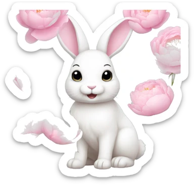cute white bunny holding light pink peonies sticker