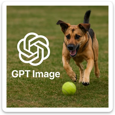  logo of chat gpt with text "GPT Image" on the background of a dog chasing ball, realistic image sticker