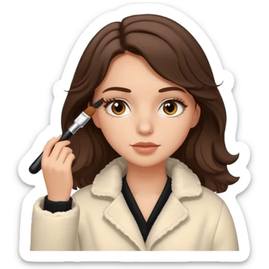 Garota branca de cabelos levemente ondulados castanhos escuros médio aplicando máscara de cílios, ela veste casaco off white estilo cozy sticker