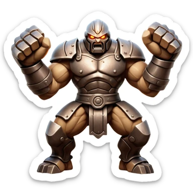 Cinematic Fierce Mighty Iron Golem Portrait Emoji Depicted mid-action in a dynamic, battle-ready stance, massive fists clenched, the ancient metallic plates along its form shifting with raw power. Its eyes blaze like molten fire within a carved, rune-etched face, exuding both divine purpose and mechanical precision. Weathered steel and dark bronze tones are accented by glowing, arcane inscriptions, each detail meticulously crafted with lifelike metallic reflections. High shine, imposing yet regal, styled with an air of indestructible might, soft glowing outline, capturing the essence of an unstoppable colossus that looks ready to charge forth with a thunderous step! sticker