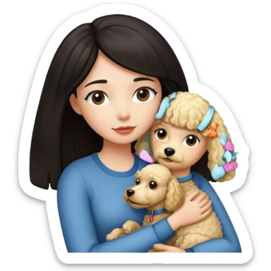 Ludo (ragazza mora capelli lisci) che abbraccia il suo cane (un barboncino biondo) sticker