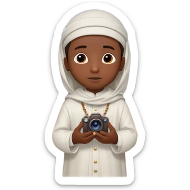 Personnage 3D mignon en style Pixar, un petit garçon portant un qamis blanc et un kufi, tenant un tapis de prière, entouré de lanternes brillantes, fond doux, couleurs chaudes, garçon teint noir TENANT UN APPAREIL PHOTO sticker