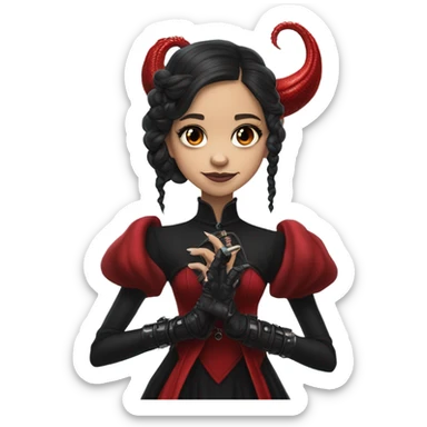 surprised Lavish black evening gown with see-through gloves, Jenna Ortega as Addams girl Jedi wearing a steampunk mini tiara, very large blood red evil-looking horned dragon sticker