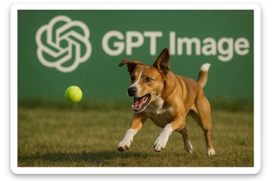  logo of chat gpt with text "GPT Image" on the background of a dog chasing ball, realistic image sticker