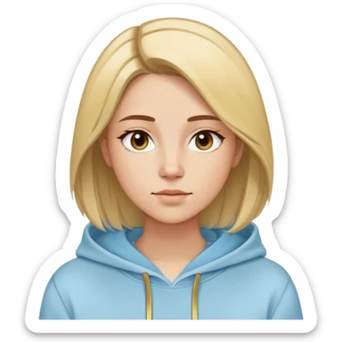 Woman with oval face, straight brown hair with blonde highlights parted to the side, dreamy expression, wearing a light blue hoodie with gold and white accents sticker
