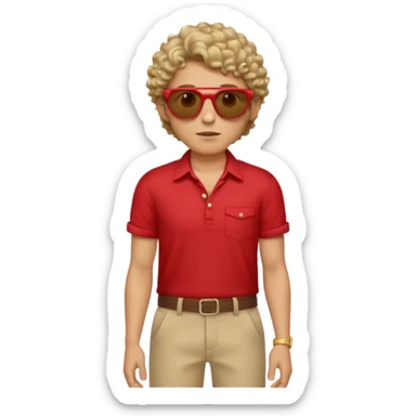 Emoji-style man in a red untucked shirt with rolled sleeves, beige trousers, and sunglasses. Short curly box-cut hair, long triangular face. Looking sideways, removing sunglasses with one hand, the other on his waist. sticker