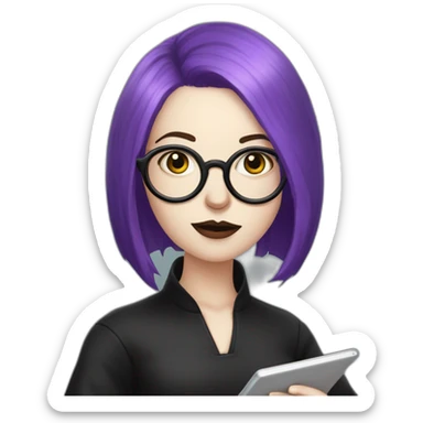goth woman with long side parted purple hair and oval glasses, pale skin, taking notes on a tablet sticker