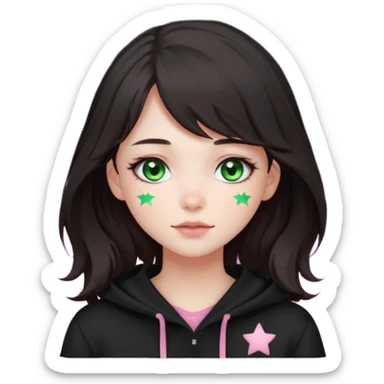 A cute girl with white skin, dark wavy hair just below her shoulders, green eyes, fair skin, a soft pink blush, and burning stars in her eyes. She has a thin neck and is wearing a black hoodie. The girl has long bangs styled on both sides of her face. sticker