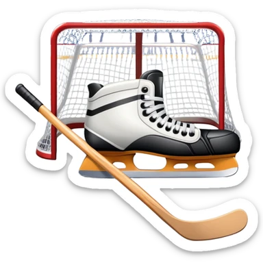 An icon showing a close-up of a hockey stick, puck, skates, and hockey net placed on the ice. The background features a packed stadium with bright lights, cheering fans, and snowy scenery outside. Transparent background highlights the key elements of the game. sticker