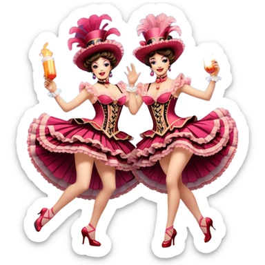 Cinematic Realistic scene of two performers executing a high‑energy Can‑Can, adorned in elaborate French cabaret costumes with frilly layers and dynamic movement, illuminated by vibrant stage lighting sticker