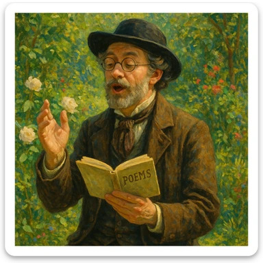 a creative poet with a chapeau and round glasses, dressed in old-fashioned clothes, reading poetry aloud in a lush garden sticker