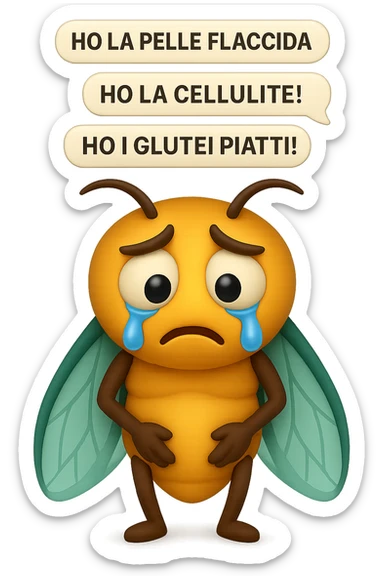 EMOJI STILE IPHONE 3D DI una cicala triste che si tocca le cosce e piange perché non le piace il suo fisico, posa frontale, fagli anche la parte bianca degli occhi, non solo la pupilla, sulla testa della cicala aleggiano i pensieri "HO LA PELLE FLACCIDA", "HO LA CELLULITE!", "HO I GLUTEI PIATTI!" sticker