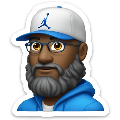 Homme de couleur blanche avec une petite barbe naissante portant des lunettes bleues , une casquette jordan bleu , un survêtement bleu sticker