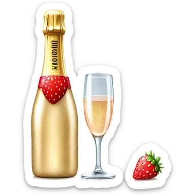 Realistic sparkling diamond glam bottle of champagne with matching skinny glass filled with the champagne with strawberry in the bottle of glass. sticker