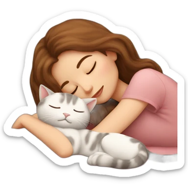 sleeping girl brown hair laying next to Calico cat sticker