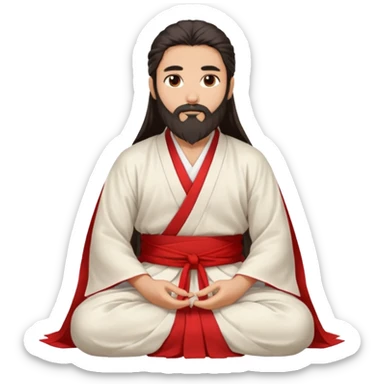 Beautiful man with lightly tan skin and dark long beard, long hair, in white and red Hanfu sitting on the ground sticker