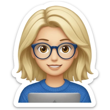 ragazza bionda sorridente con capelli lunghissimi, con occhiali tartarugati, occhi azzurri, con maglione beige, seduta alla scrivania che lavora al pc sticker