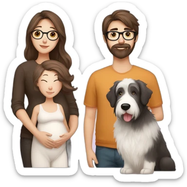 Pregnant girl with half long brown hair with glasses, a boy with long beard, glasses and short hair and english sheepdog sticker