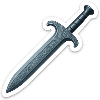 Recolor this weapon to match the blueish-gray steel color and ornate engravings of the reference helmet. Emphasize the cool metallic finish and detailed engravings, matching the helmet exactly. Transparent background. The style should reflect a cool metallic look with detailed engravings as seen in the helmet reference. sticker