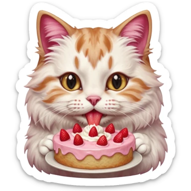 Close-up portrait of a fluffy cat eating a strawberry cake, pink cream on its nose and whiskers, detailed fur texture, soft natural light, shallow depth of field, high resolution, cute and candid moment
 sticker