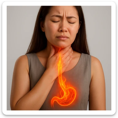 Realistic medical style image of a woman identical to the reference photo, hand on throat, expression of pain, with a flame or reddish effect rising from the stomach to the esophagus. sticker