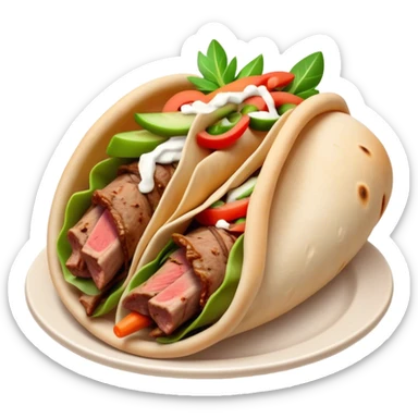 Cinematic Realistic Gyros Dish Emoji, showcasing succulent, spiced meat wrapped in pita with fresh vegetables rendered with lifelike detail and dynamic, appetizing lighting. sticker