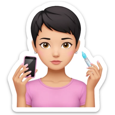 tan girl pink shirt with black hair & a pixie cut no earrings doing cute pastel colors skin care sticker