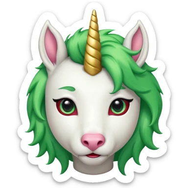 white furred unicorn with green hair and big red earrings looking into camera and spectacle sticker