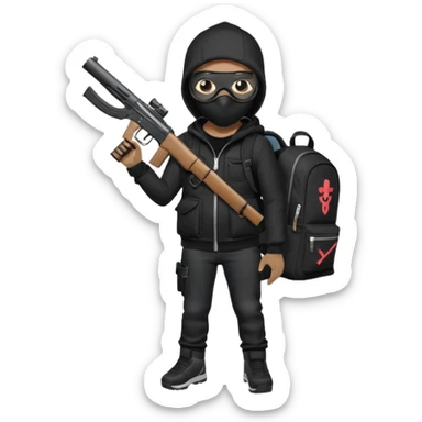 YN wearing a ski mask, holding a gun, black jeans, Sprayground bookbag, confident stance sticker