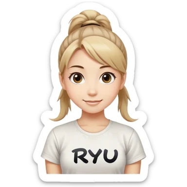 Beautiful girl smilling with big eyes, ponytail and "ryu" written on tshirt sticker