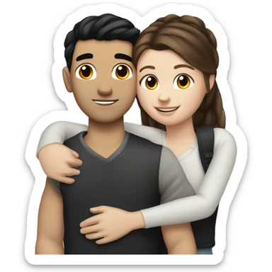 Brown-haired white girl hug white boy with black hair with pony-tail sticker