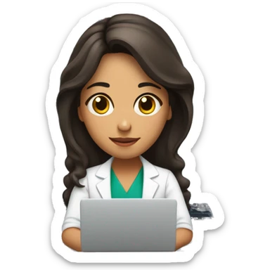 Mujer morena cabello liso medico con una laptop y su hija blanca con cabello enredado  sticker