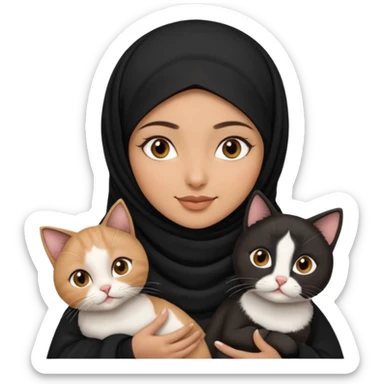 A Arabic woman human with brown eyes and black hijab. , the human is a human, she carry two cat is black and white and the other cath is black and white,,  NO EARS ON THE HUMAN ,  sticker