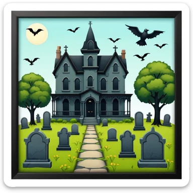 Adams Family style horror overgrown Haunting graveyard field Victorian mansion  sticker
