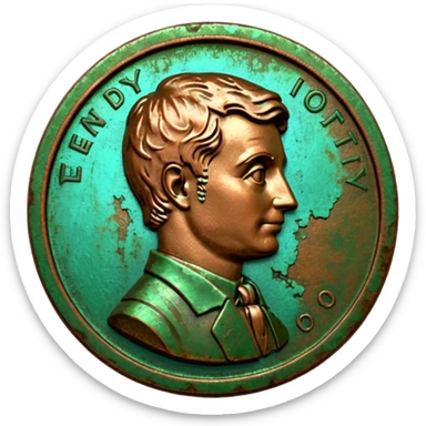 3D render of Old Penny, heavily oxidized copper texture, verdigris patina, Brown coin turning green on edges, weathered bronze aesthetic, ancient decay, Apple emoji style, isolated on white background --v 6.0. sticker