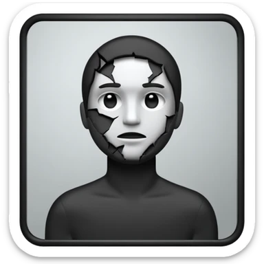 Minimalist emoji-style sticker of a person standing in front of a cracked mirror. The mirror shows a dark shadowy silhouette or distorted figure instead of a reflection. Flat black and white design with muted gray tones. No text. Bold, clean lines. Square composition. No shading or gradients. sticker