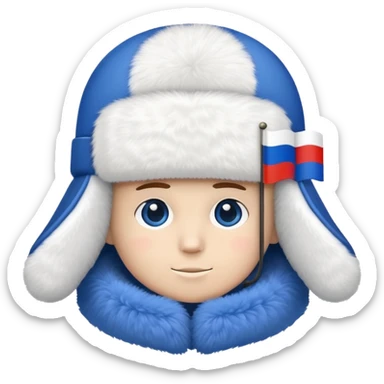 white ushanka winter hat with Russian tricolor flag (white, blue, red) prominently displayed on the front sticker