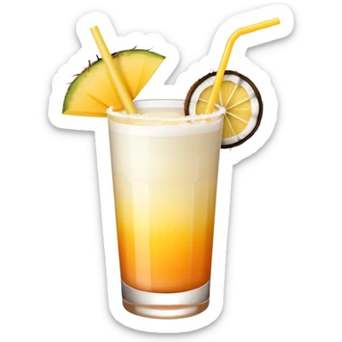 A beautiful cocktail with a creamy white to orange gradient, containing coconut juice and mango, reminiscent of summer. Above, there are tropical flowers, lemon slices, and straws. sticker