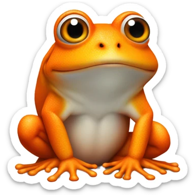an orange frog with a white mark on its chest. the white mark should be in the shape of a flame, but there's no flame involved in the photo itself, just the shape of the fur sticker